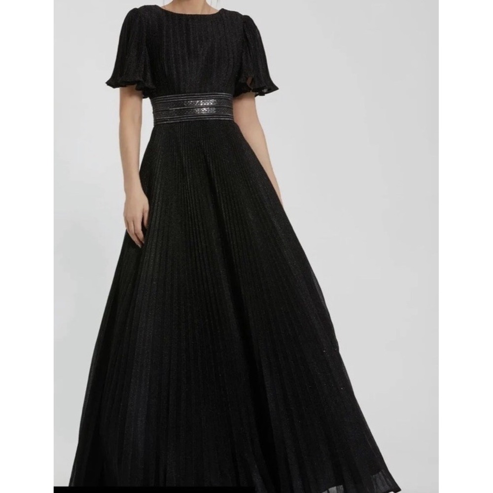 Mac Duggal Women's Black Pleated Sparkle Flutter Sleeve Long Ball Gown 8 $495